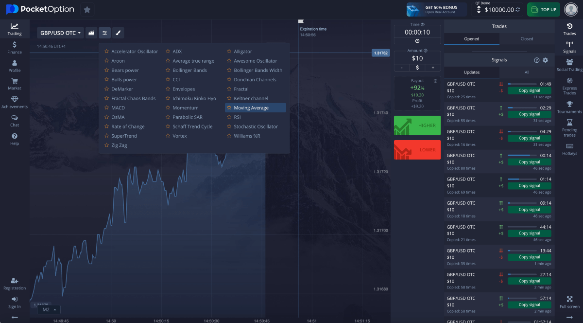 Fixed time trading web platform at Pocket Option, showing GBP/USD chart and tools